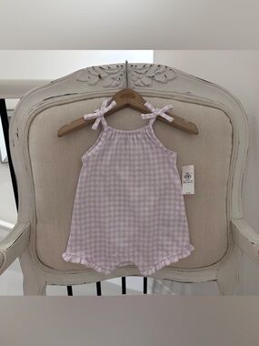 🤍 0~3 Mth 100% Cotton Gingham Bow-Strap Baby Romper - Light Lavender NWT